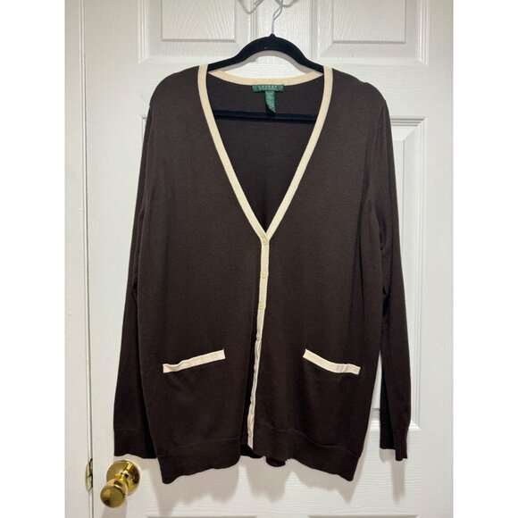 Lauren Ralph Lauren Sweaters - Lauren Ralph Lauren Women's Size 1X Brown V-Neck Cardigan Silk & Cotton Blend